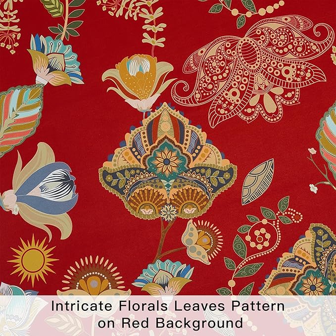XiDi Red Floral Curtains 102 Inches Long 2 Panels 100% Blackout Vintage Botanical Leaf Patterned Curtains for Living Room Bedroom Thermal Insulated Room Darkening Luxury Colorful Drapes Grommet 52x102