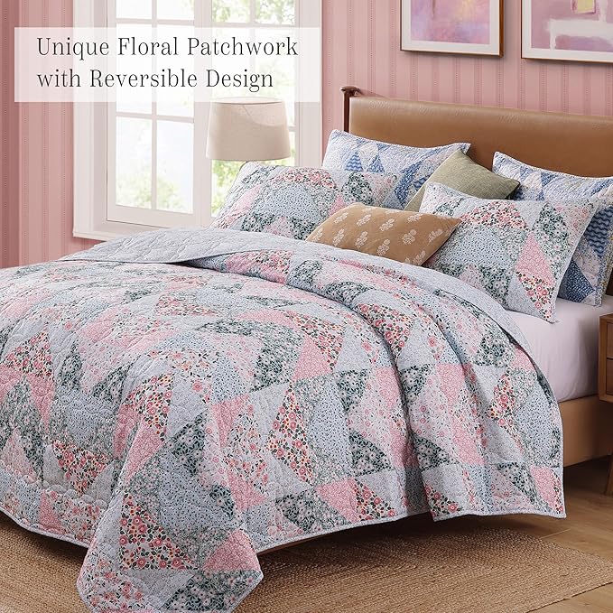 Quilt Set Queen Size, Patchwork Pink Floral Quilt Sets, Reversible Bedspread Lightweight and Breathable for All Seasons, Soft Quilted Bedspread with 2 Pillow Shams