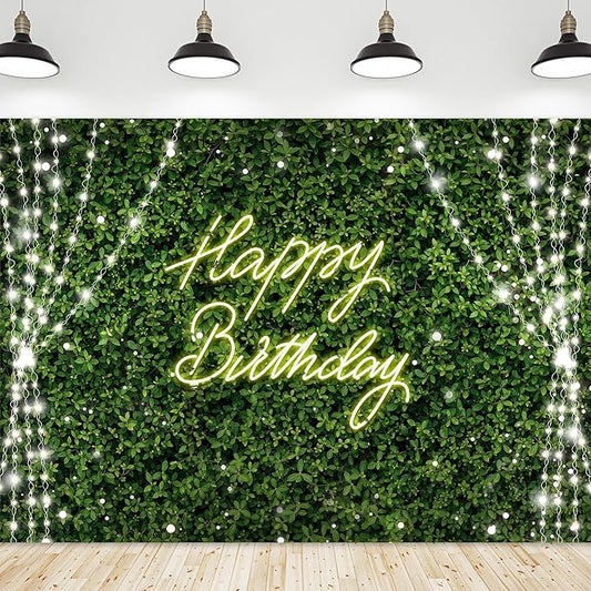 Riyidecor Green Happy Birthday Backdrop Polyester Fabric for Woman Grass Neon Leaf Rustic Spring Leaves Plant Botanical Nature 7Wx5H Feet Lights Photography Background Birthday Photo Studio Shoot