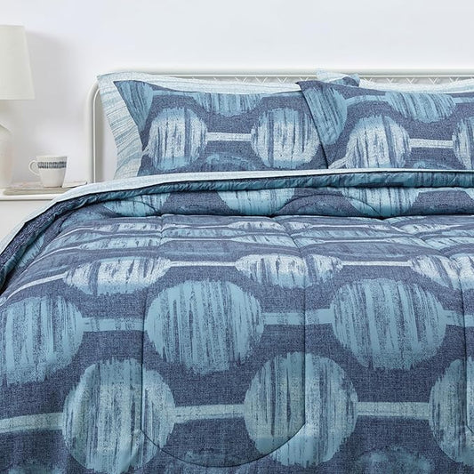 Amazon Basics Lightweight Microfiber Comforter Sets, 7 Pieces, Navy, Geometrics, Full/Queen