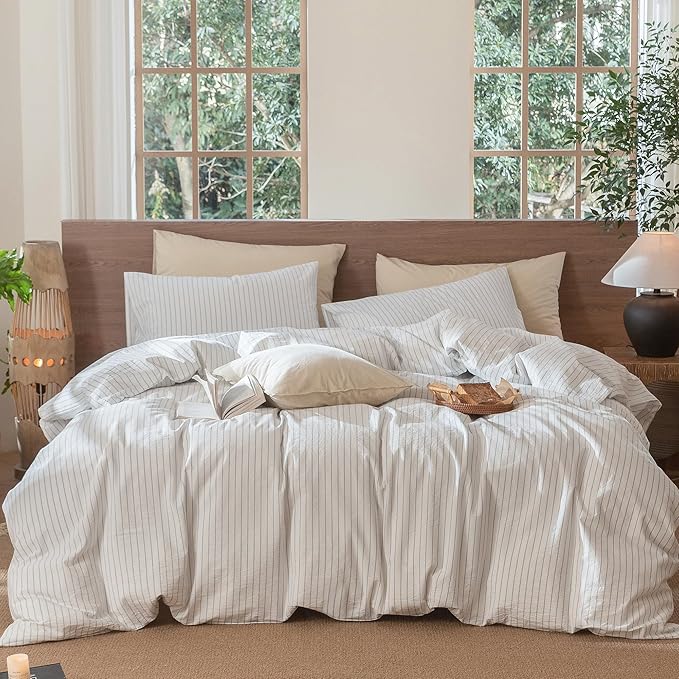 MooMee Striped Duvet Cover Set 100% Washed Cotton Linen Like Textured Breathable Durable Soft Comfy (White Cornflower Blue Wide Stripes, Alaska King 132"x120")