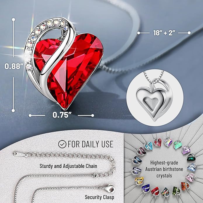 Leafael Necklaces for Women, Infinity Love Birthstone Heart Crystal Pendant, Birthday Jewelry Gifts for Her, Mom, and Wife, Silver Plated, 18 plus 2 inch Adjustable Chain