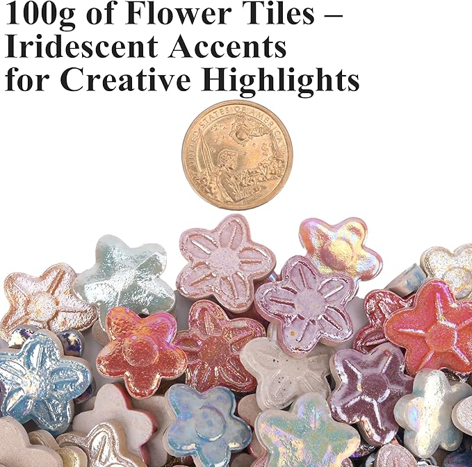 1.5 lb Ceramic Tiles for Mosaics – 580g Small Irregular Tiles + 100g Flower Mosaic Pieces, Mixed Sizes, Shapes & Vibrant Colors for DIY Crafts & Home Decor