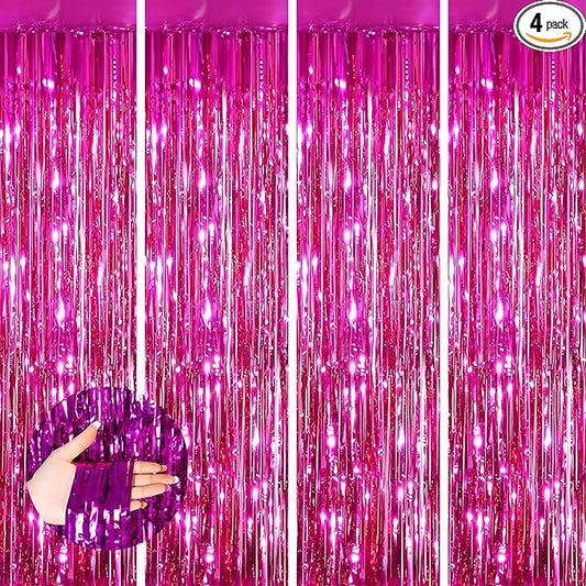 Keyali 4 Pack 3.3 * 8.3 ft Foil Curtain Metallic Tinsel Fringe Curtains Photo Booth Props Backdrop for Birthday Wedding Engagement Baby Shower Christmas Holiday Celebration Partyl,Hot Pink