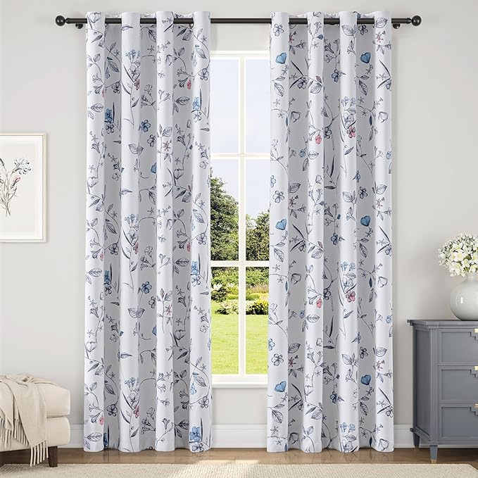 ChrisDowa 100% Blackout Floral Curtains 72 Inches Long 2 Panels for Bedroom Living Room Navy Blue Flower Patterned Room Darkening Thermal Insulated Soundproof Grommet Window Treatments Drapes,52X72
