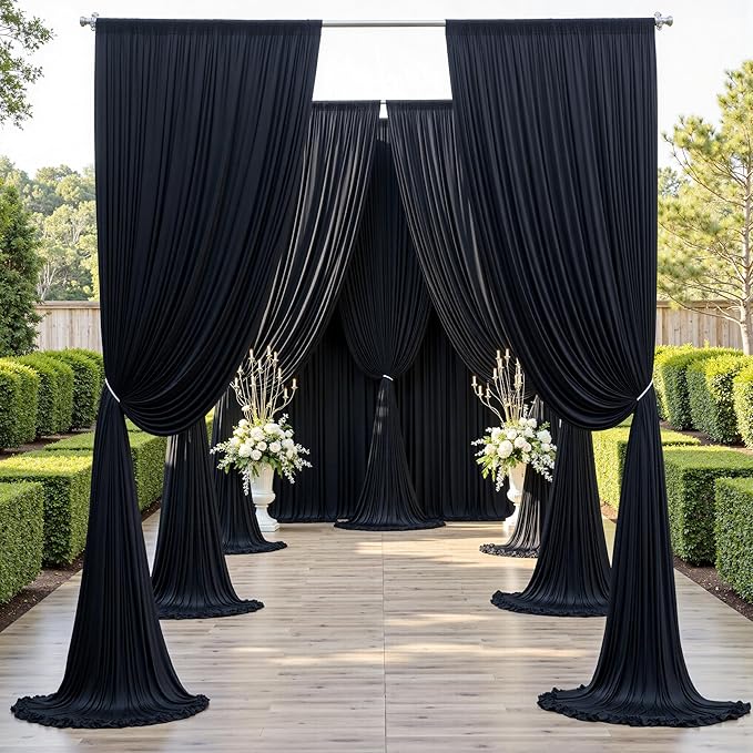 PartyVillage 50ft×15ft Black Backdrop Curtain for Wedding Parties, 10 Panels Wrinkle Free 15 FT Long Polyester Photo Backdrop Drapes Back Drop Cloth for Birthday Photography Background