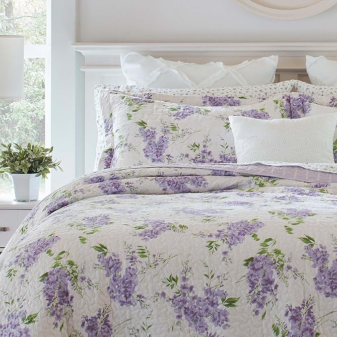 Laura Ashley - King Quilt Set - Cotton Reversible Bedding with Matching Shams, Lightweight & Soft Decor (Keighley Lilac, King)
