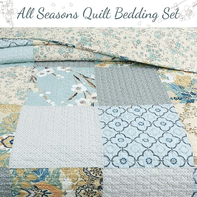 Cozy Line Home Fashions 100% Cotton Classic Patchwork Bedding Quilt Set, Blue Gray Teal Taupe Floral Bohemian Style Reversible Bedspread Coverlet (Carolina Bloom, King - 3 Piece)