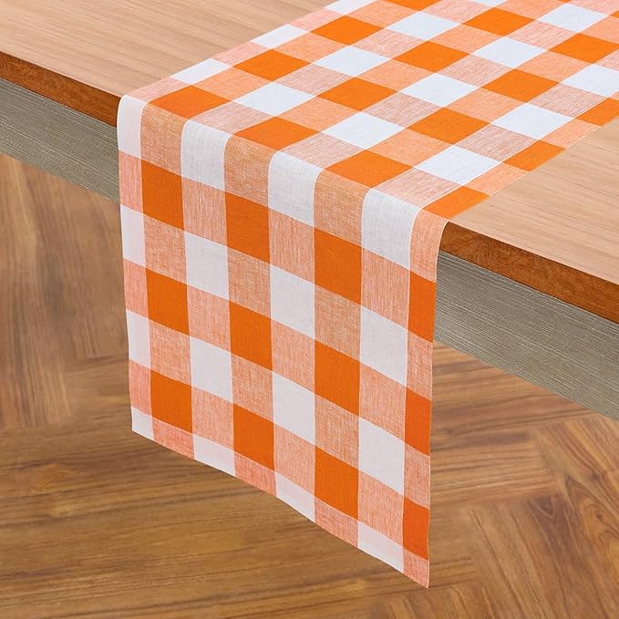 Solino Home Linen Checkered Table Runner 60 Inches - 100% Pure Linen Pumpkin and White Buffalo Table Runner 14 x 60 Inch Ideal for Dresser and Coffee Tables