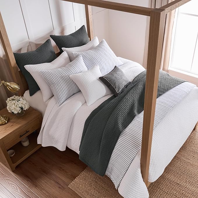 Levtex Home Cross Stitch Reversible Twin XL/Twin Quilt Set (68x86in) and 1 Pillow Sham (26x20in) - Stitch Texture - Charcoal - 0 Cotton Twin/Twin Size Quilt Bedding Set - Lightweight Soft Pre-Washed