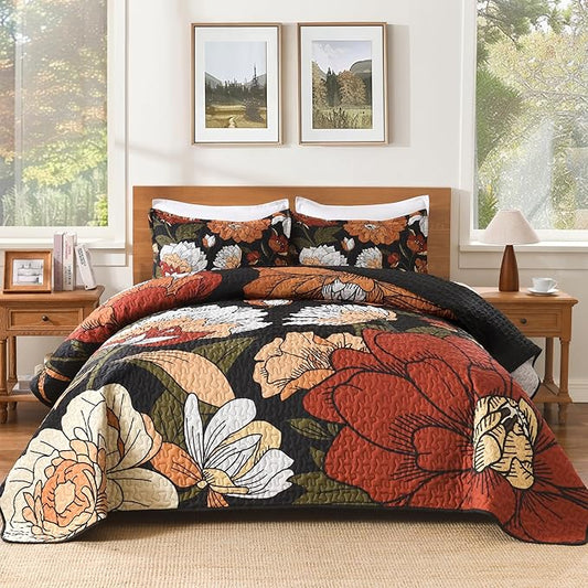 Andency Floral Boho California King Quilt Bedding Set Black, 3 Pieces Farmhouse Flower Botanical Summer Oversized King Bedspreads, Soft Reversible Lightweight Microfiber Coverlet Set, 104"x112"