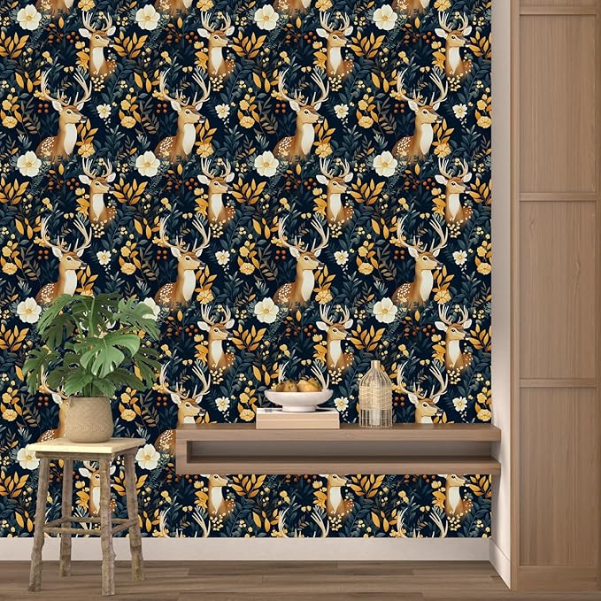 Deer Wallpaper Peel and Stick Vintage Blue Gold Floral Wallpaper Contact Paper 17.5" × 118" Waterproof Vinyl Self Adhesive Dark Wall Paper for Bedroom Walls Cabinet Locker Decor