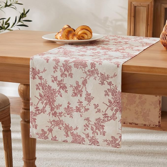 100% Cotton French Pastoral Table Runners, 13x36 Inch red Farmhouse Table Runners 36 Inches Long, Vintage Flowers Print Home Decors