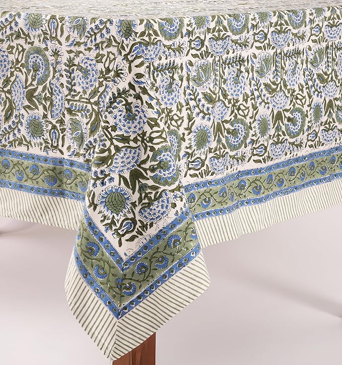 ATOSII Clover Blue 100% Cotton Rectangle Fall Tablecloth, Handblock Floral Linen Table Cloth for Kitchen Dining Table I Parties Christmas Thanksgiving I Fall Home Decor 60 X 90 Inches I 6 Seater