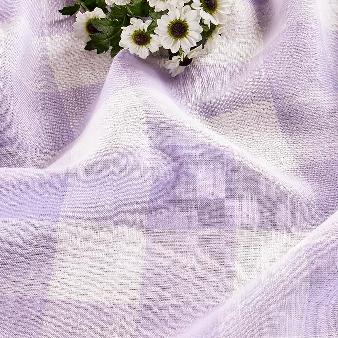 Solino Home Linen Checkered Table Runner 120 Inches Long - 100% Pure Linen Misty Lavender Buffalo Check Table Runner 14 x 120 Inch Ideal for Dining, Valentines, Spring, Easter