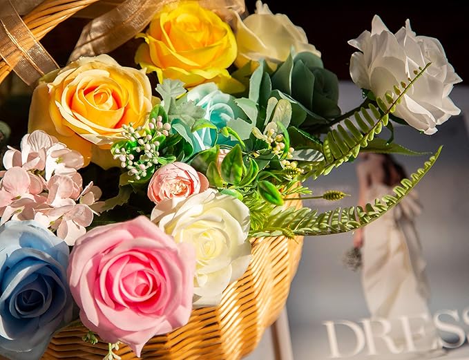 DuHouse 10pcs Fake Roses Artificial Silk Flowers Faux Rose Flower Long Stems Bouquet for Arrangement Wedding Centerpiece Party Home Kitchen Decor (Sky Blue)