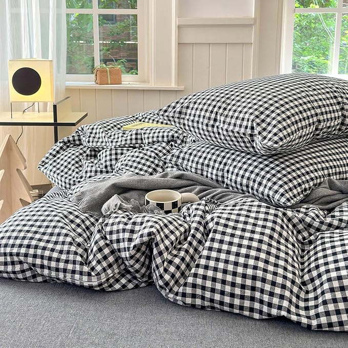 LifeTB Queen Comforter Set Black Gingham Comforter Modern Style Checkered Pattern Comforter Set Boho Grid Plaid Bedding Comforter Fluffy Soft Lightweight Grid Bedding Set Queen Size for All Season