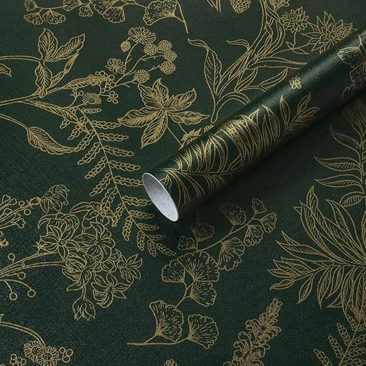 Peel and Stick Wallpaper Dark Green and Gold Floral Wallpaper Vintage Flower and Leaf Contact Paper for Cabinets Self-Adhesive Removable Wallpaper for Bedroom Bathroom Kitchen 197"x17.3"
