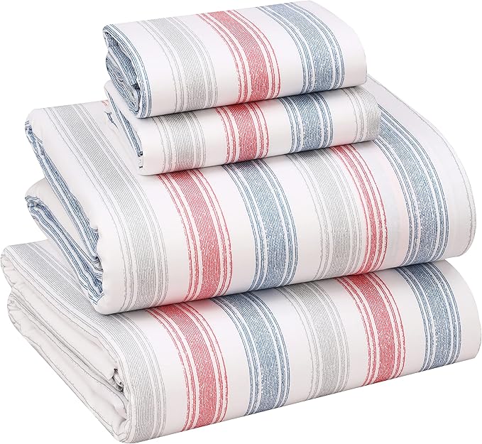 RUVANTI 100% Cotton King Size Sheets Set, 4 Pieces, Soft & Breathable Percale Weave Bedding, Deep Pocket 16", Hotel Standard, Crisp Cool Feel, Durable, Perfect Striped Bed Sheet, Times
