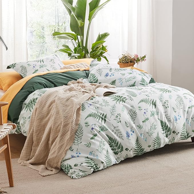Bedsure Duvet Cover King Size - Reversible Plants Duvet Cover Set with Zipper Closure, 3 Pieces Green Bedding Set with 8 Corner Ties and 2 Pillow Shams 20"x36"