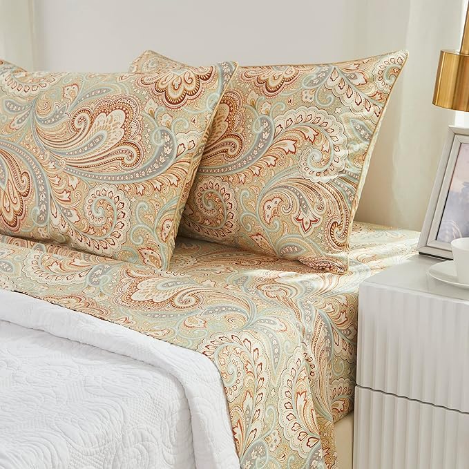 Brandream Paisley Bedding Gold Classy Regal Themed Boho Bed Sheet Set Luxury Bedding Collections 800 Thread Count 100% Egyptian Cotton Deep Pocket, 4 Piece-Queen Size