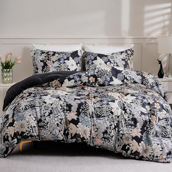 LONAVA King Flower 3 Pcs Duvet Cover Set, Breathable Soft Microfiber Black Lining Comforter Cover with Zipper Closure, and 2 Anti-Pilling, Fade Resistant Pillowcases, Midnight Blossoms