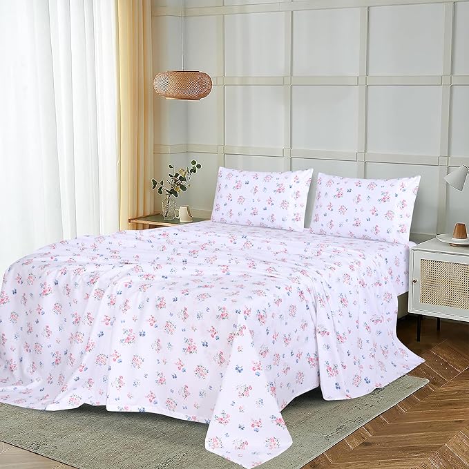 RUVANTI 100% Cotton Sheets Queen Size Set, 4 Pieces, Soft & Breathable Percale Weave Bedding, Deep Pocket 16", Hotel Standard, Crisp Cool Feeling, Durable, Perfect Floral Bed Sheet, Funa Flora
