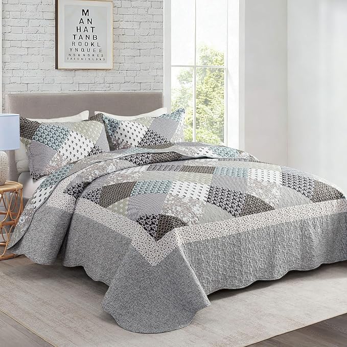 Travan 3-Piece Quilt Set Quilted Bedspread Garden Style Floral Printed Oversized Microfiber Lightweight Coverlet Set with Shams, Exquisite, King Size