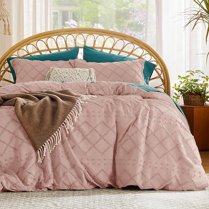 Bedsure Boho Duvet Cover Queen Size - Pink Breathable & Soft Boho Bedding, Machine Washable Comforter Cover for All Seasons, Includes 1 Duvet Cover 90"x90" with 2 Pillow Shams & Zipper Closure