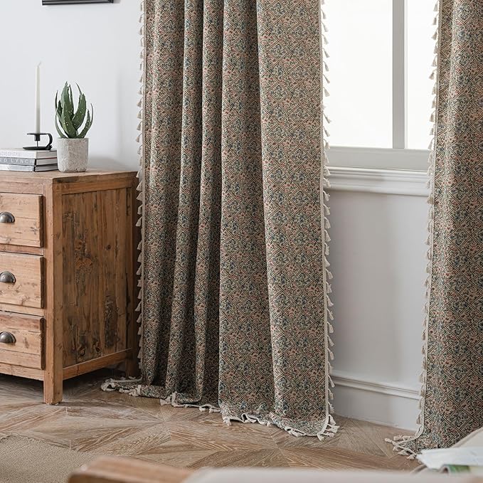 ENJOYBRIDAL Floral Living Room Curtains 96 Inch Long Boho Drapes Jacquard Semi Sheer Bedroom Patterned Window Curtains Farmhouse Country Rod Pocket Aesthetic Tassel 2 Panels Window Treatments