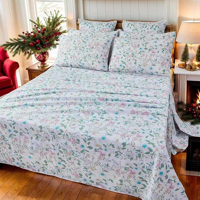 FADFAY Full Size Sheets Set 100% Cotton Vintage Floral Shabby Flowers & Leaves Pattern Farmhouse Bedding Set Deep Pocket Sheets with 2 Pillowcases Breathable Soft 4Pcs, Full