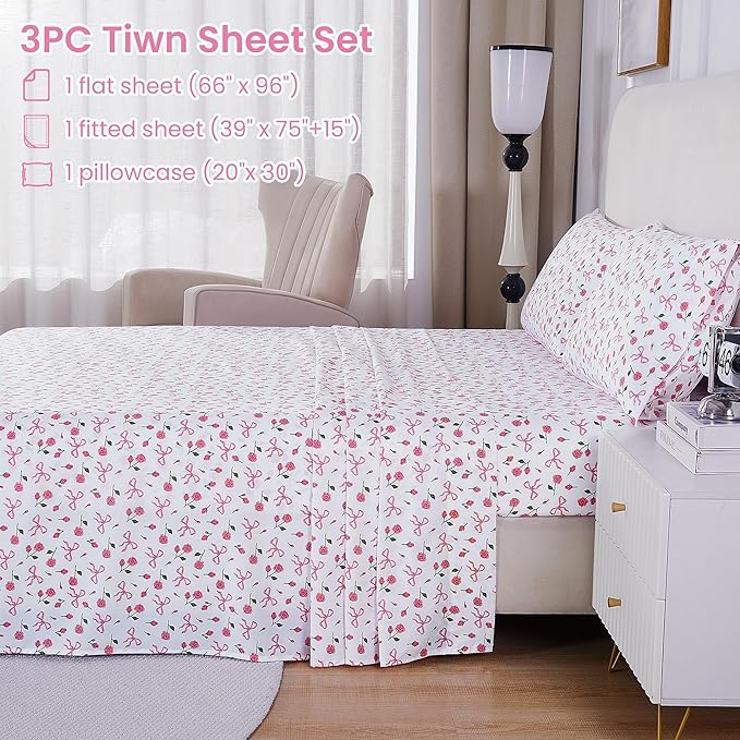 Softan Pink Floral Twin Bed Sheets, Cozy Microfiber Flower Printed Sheets with 15" Deep Pocket Fitted Sheet & Non-Slip Straps, Patterned Pink Rose - Bow Sheets & Pillowcase Set