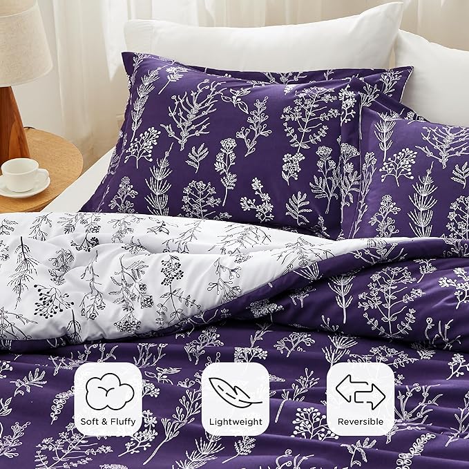 Bedsure King Comforter Set - Dark Purple Bed Set, 3 Pieces Cute Floral Bedding, 1 Soft Reversible Botanical Flowers Comforter and 2 Pillow Shams