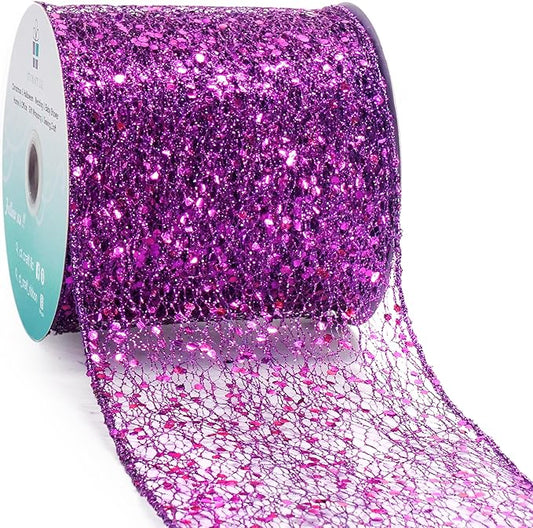 CT CRAFT LLC Sparkling Glitter Mesh Wired Ribbon 4" x 10 Yards Purple for Christmas Home Decor Bow Gift Wrapping DIY Crafts Wreath