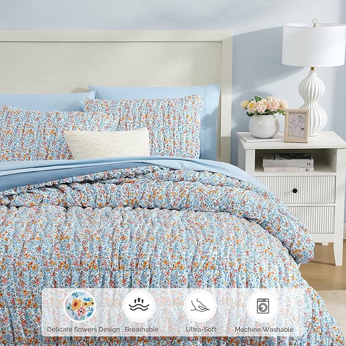 King Comforter Set - 7 Pieces Blue Classic Puff Floral Bedding Sets for All Seasons, Shabby Chic Farmhouse Bed in a Bag King with Wildflowers Fluffy Comforter, Sheets, Pillowcases & Shams