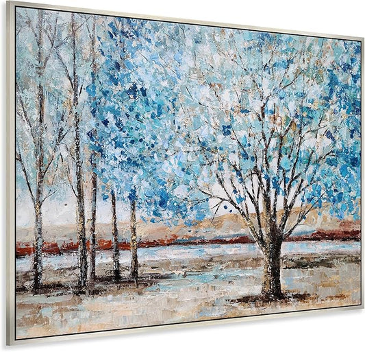 Yihui Arts Blue Tree Canvas Wall Art - Hand Painted Textured Abstract Forest Landscape Modern Artwork with Gold Foil Framed for Living Room, Bedroom, and Bathroom Decor