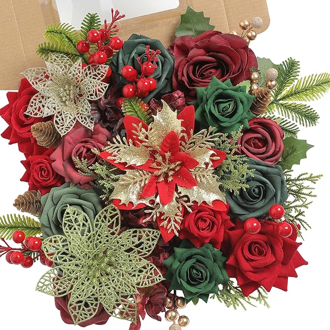 YYHUAWU Christmas Flowers Artificial,Poinsettias Artificial Christmas Flowers and Mix Silk Flowers Fake Roses Combo for DIY Wedding Bridal Bouquet, Centerpieces, Home, Floral Arrangement Decor, etc.