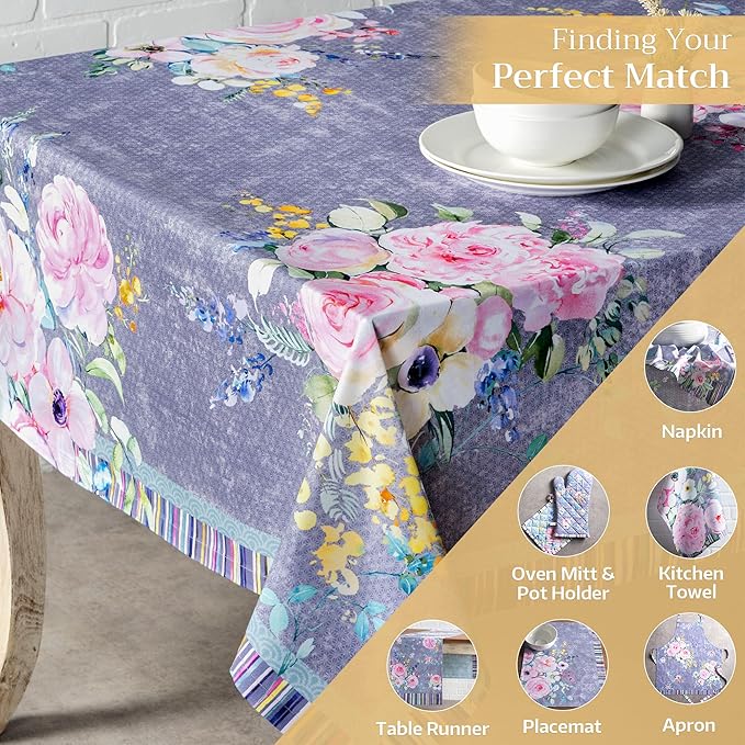 Maison d' Hermine Table Cloth Rectangle Table 100% Cotton 60 x 108 Inches Tablecloth Reusable for Dining Room, Farmhouse, Home, Party, Festive & Wedding Spring Summer - Sweet Rose Lavender - Lush