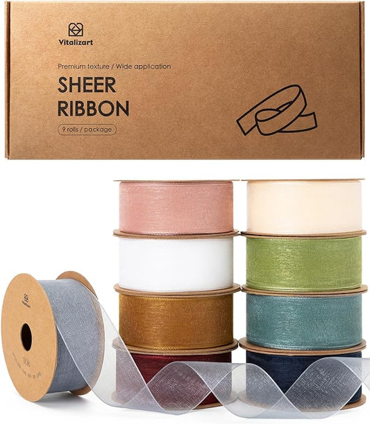 Vitalizart 1" x 90Yd Organza Ribbon Mixed Color Sheer Ribbons Set 10 Yd x 9 Rolls Handmade for Gift Wrapping Christmas Tree Crafts Bows Wedding Invitations Wreaths Wrap