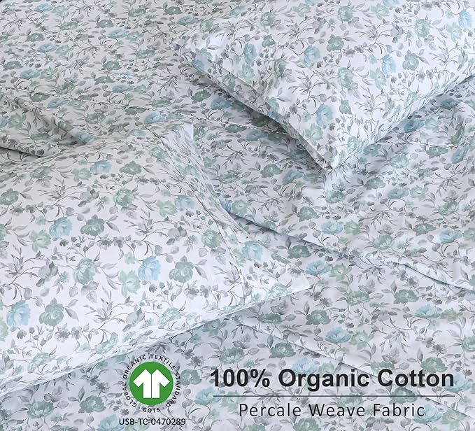 RUVANTI 100% Organic Cotton Sheets Full Size, Percale Weave, GOTS Certified, 4-Piece Set, Deep Pocket 15", Crisp & Breathable, Soft Durable Bedding, Sábanas Algodón Orgánico – Cold Chrysanthemum