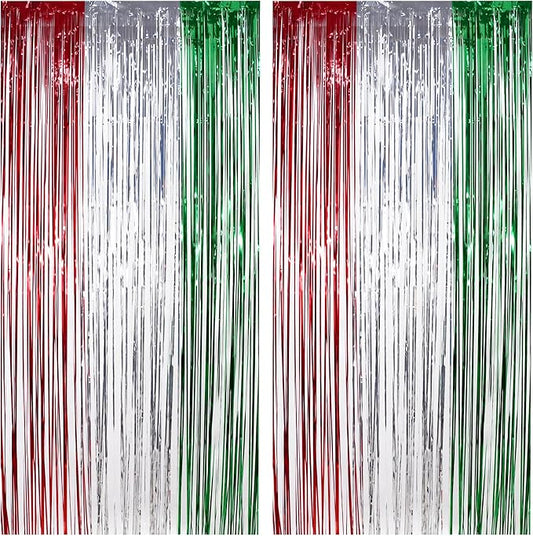 Red Green Silver Tinsel Curtain Backdrop - Christmas Party Decorations Foil Fringe Curtains for Photo Booth Props Xmas New Years Party Supplies - 2Pack 3.2×8.2ft