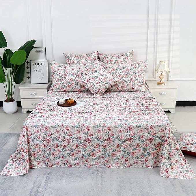 FADFAY Rose Floral Sheets Set Full Vintage Red Floral Bedding Shabby Rustic Rose Sheets French Country Farmhouse Bedding 800 Thread Count 100% Egyptian Cotton Deep Pocket Fitted Sheet 4Pcs, Full Size