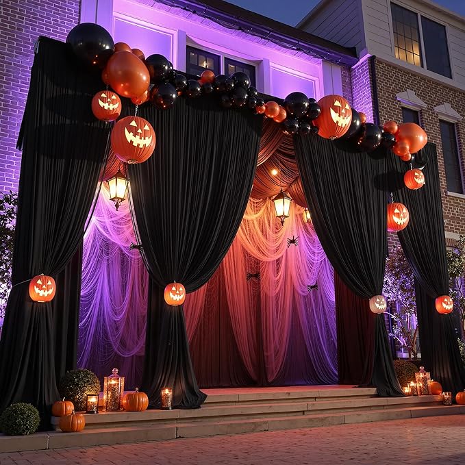 PartyVillage 50ft×15ft Black Backdrop Curtain for Wedding Parties, 10 Panels Wrinkle Free 15 FT Long Polyester Photo Backdrop Drapes Back Drop Cloth for Birthday Photography Background