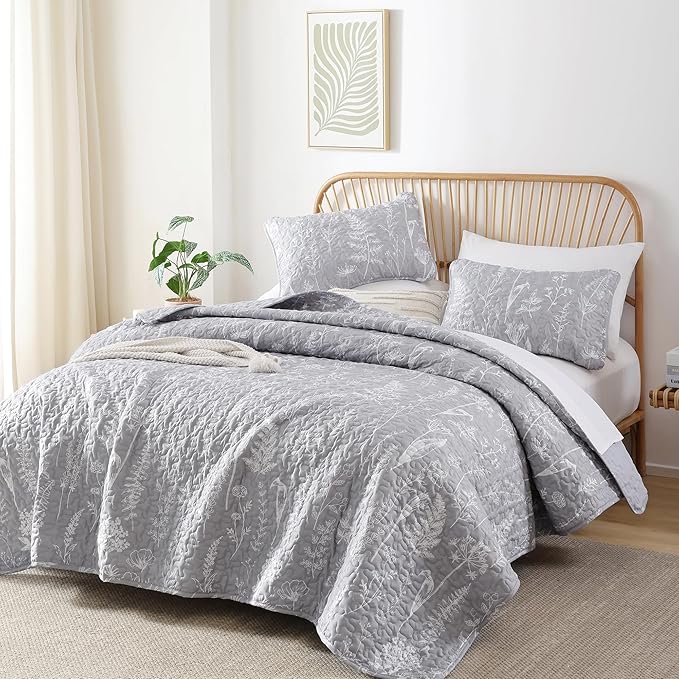 JANZAA Quilts Queen Size Bed Spread Botanical 3 Pieces Quilts Queen Size Sets with Floral Pattern Lightweight Microfiber Bedding Reversible 1 Quilt and 2 Pillow Cases-Grey