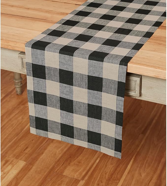 Solino Home Linen Checkered Table Runner 144 Inches Long - 100% Pure Linen Buffalo Check Natural and Black Table Runner 14 x 144 Inch Ideal for Dining, Spring