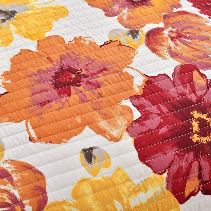 Lush Decor Leah Reversible Floral Quilt Set, 3 Piece Set, King, Red & Orange - Watercolor Botanical - Cottage Core - French Country Decor- Bedding Queen Size