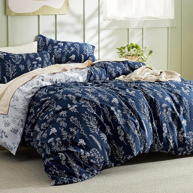 Bedsure Duvet Cover King Size - Reversible Navy Blue King Duvet Cover Set with Zipper Closure, 3 Pieces Floral Patterned Bedding Set with 8 Corner Ties and 2 Pillow Shams