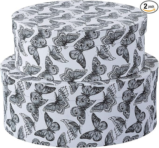 Soul & Lane Oblong Decorative Cardboard Storage Boxes with Lids, Graceful Flight, Set of 2 Black and White Butterfly Keepsake Boxes for Women, Oval Nesting Storage for Gifts and Organizing