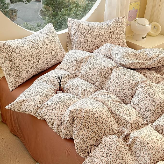 LifeTB Muslin Cotton Duvet Cover Set Twin Size Vintage Floral Duvet Cover Ultra Soft Breathable Comforter Cover Chic Flower Bedding Set Linen Feel Textured Gauze Comforter Cover with Zipper Closure
