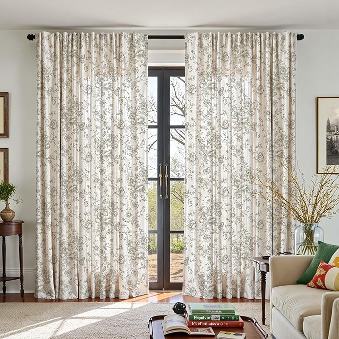 jinachan Linen Floral Curtains 100 Inch Extra Wide for Patio Sliding Glass Door Room Divider Curtain for Living Room 96 Inch Length Farmhouse Peony Christmas Green Printed Curtain Set 1 Panel